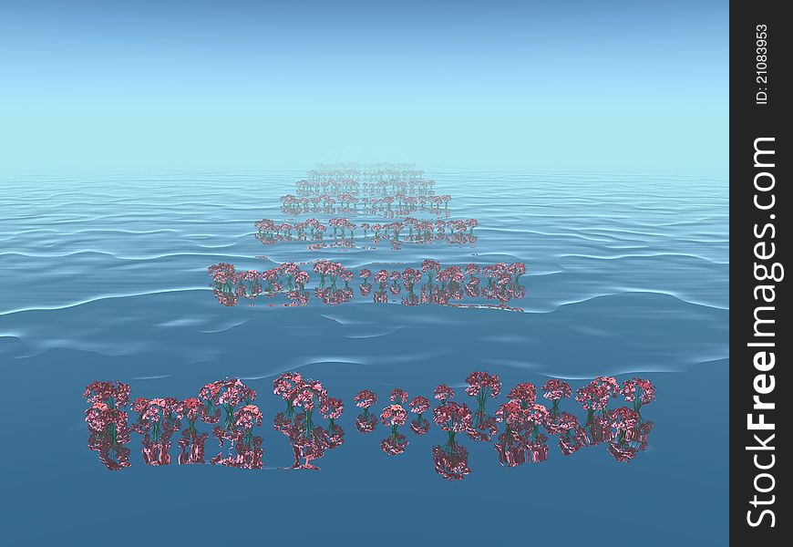 Blue water with red flowers. Blue water with red flowers