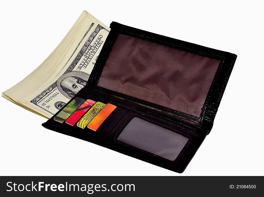 Wallet with money and credit cards on a white background