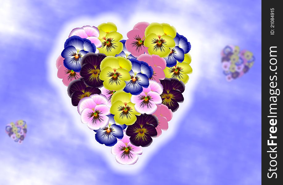 Pansy flowers forming shape of a heart on a blue sky background. Pansy flowers forming shape of a heart on a blue sky background