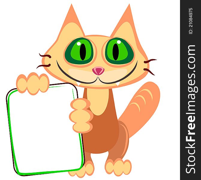 Cartoon ginger cat with green eyes holding empty billboard. Cartoon ginger cat with green eyes holding empty billboard