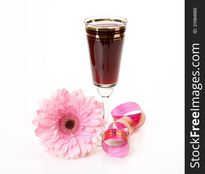 Wine and flower on a white background