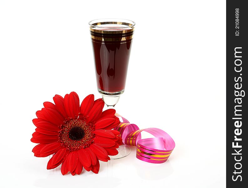 Wine and flower on a white background