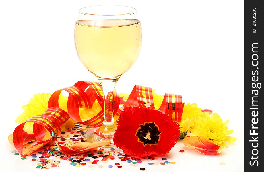 Wine and flowers on a white background