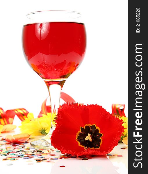 Wine and flowers on a white background