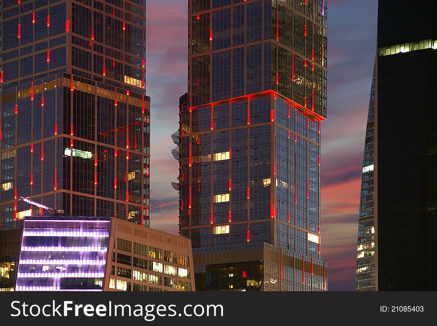 Skyscrapers International Business Center (City) at night, Moscow, Russia