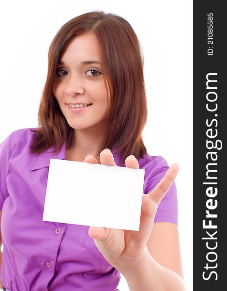 Bright picture of confident woman with business card