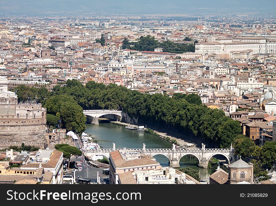 Tiber river and Rome aerial view