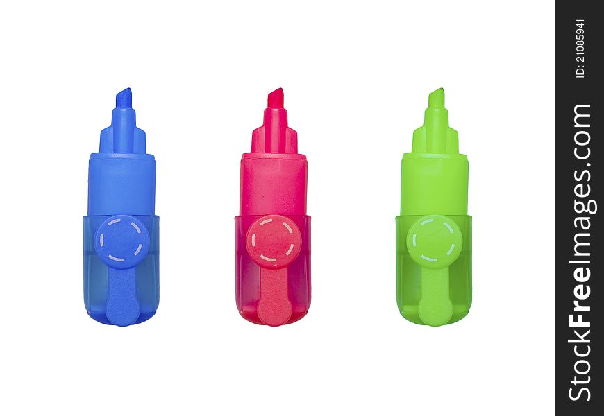 Three highlighter markers on isolated white Background