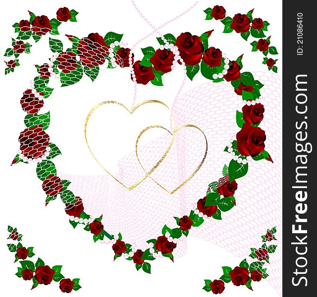 On an abstract white background heart, woven from the roses in the center of two golden hearts. On an abstract white background heart, woven from the roses in the center of two golden hearts