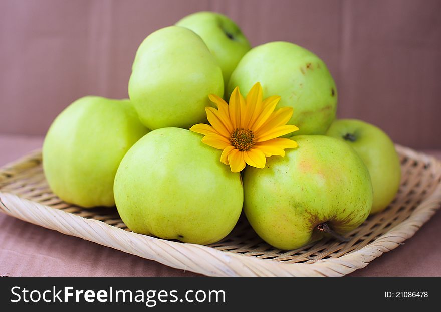 Green ecological apples, the flower and the brown background