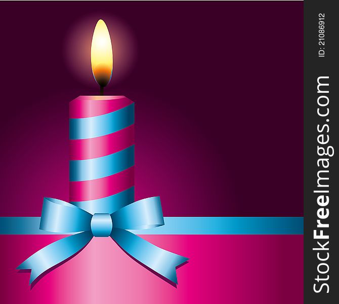 Pink candle with blue ribbon on black background