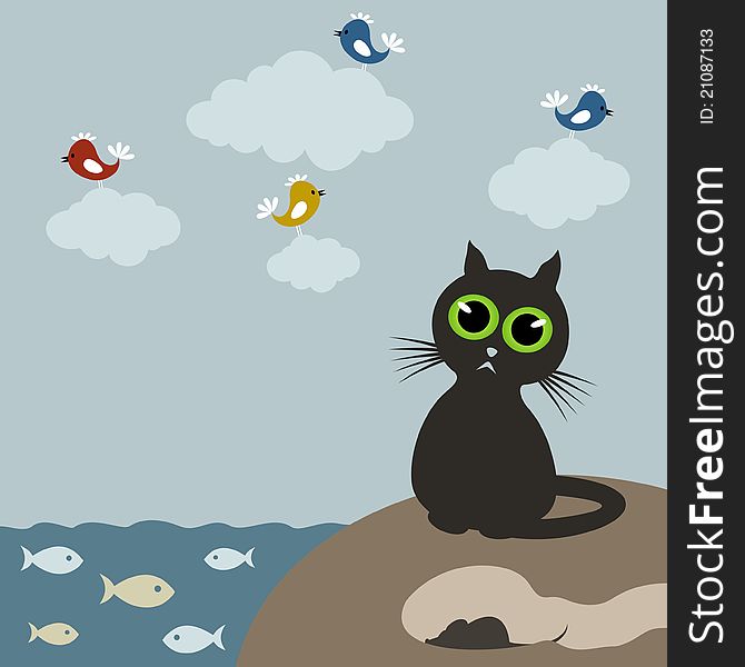 Cat on the nature fish and a bird. A vector illustration