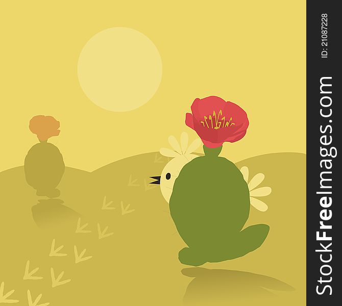 The bird in desert hides behind a cactus. A vector illustration