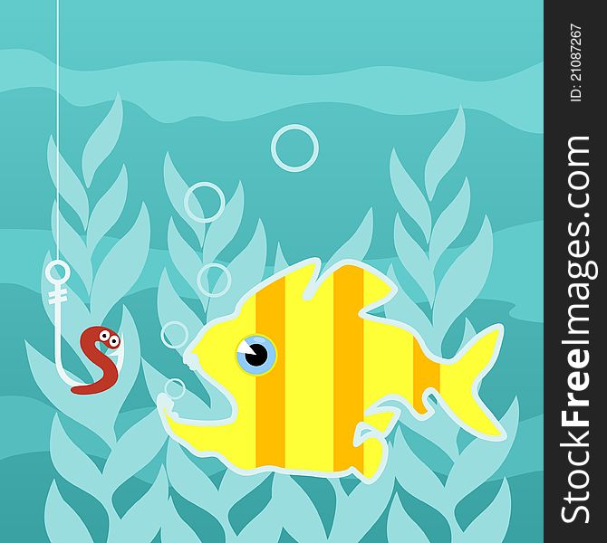 Predatory fish wishes to swallow a worm on a hook. A vector illustration