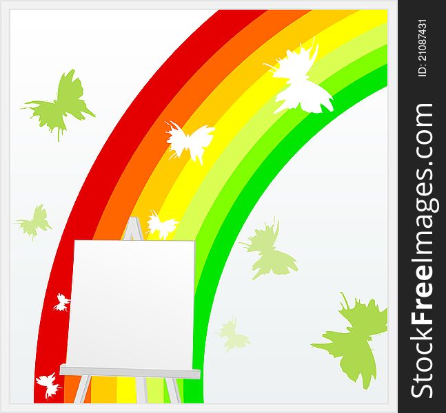 Easel against a rainbow and butterflies. A vector illustration. Easel against a rainbow and butterflies. A vector illustration