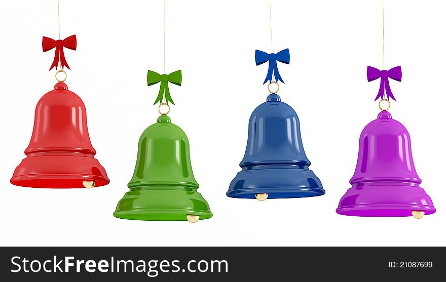 Four colorful  christmas bells isolated on white - rendering