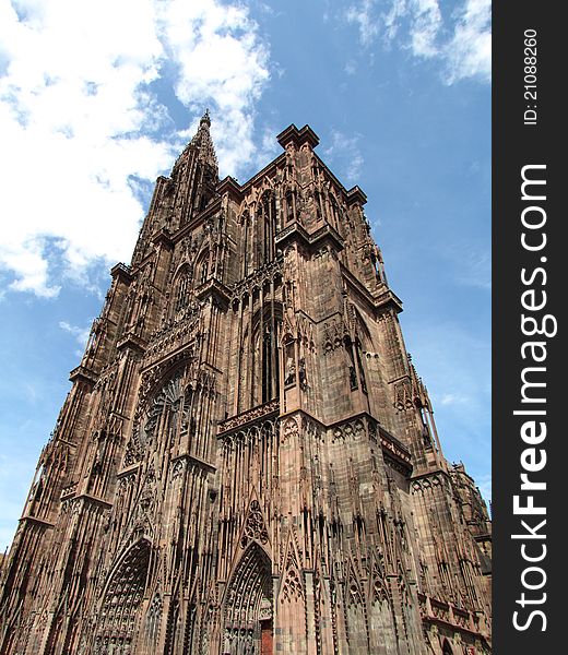 The Strasbourg Cathedral  is a Roman Catholic cathedral Nothern east France. Although considerable parts of it are still in Romanesque architecture, it is widely considered to be among the finest examples of high, or late, Gothic architecture.