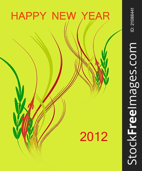 Red happy new years 2012 card with floral background on yellow background