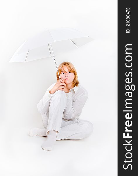 Girl Sitting With White Umbrella Overwhite