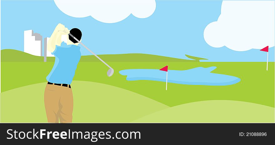A man hit the ball when he is playing golf. A man hit the ball when he is playing golf