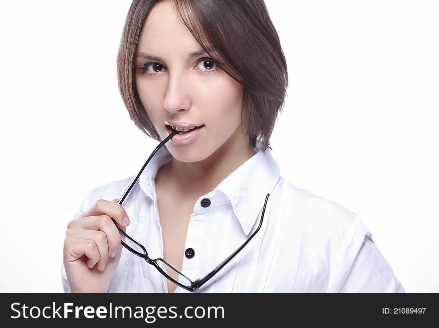 Portrait of young beautiful woman with glasses optic. Portrait of young beautiful woman with glasses optic