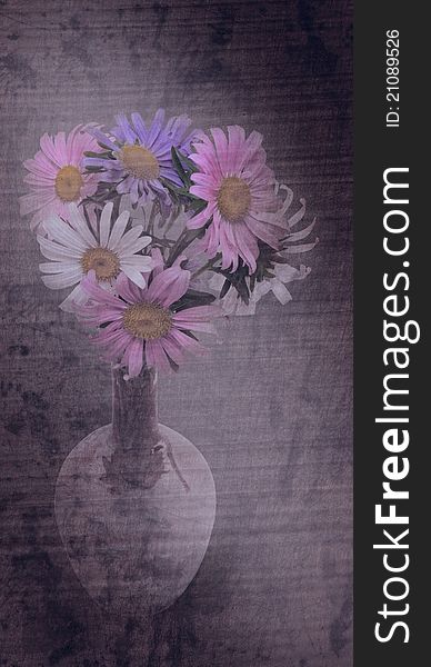 Beautiful bouquet of asters in vase. Grunge styled.