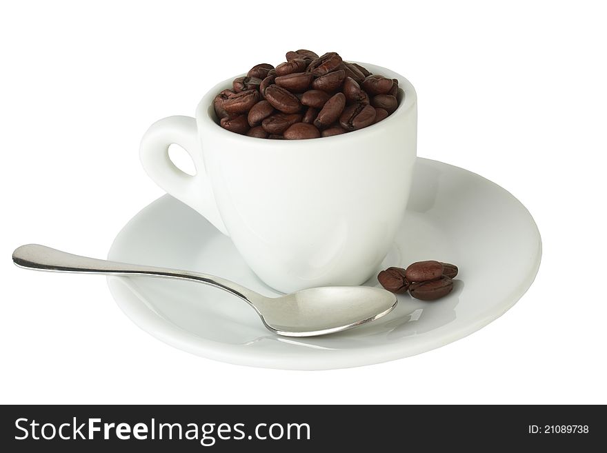 Full cup with coffee beans isolated on a white background