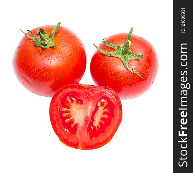 Red tomato vegetable with cut isolated on white background