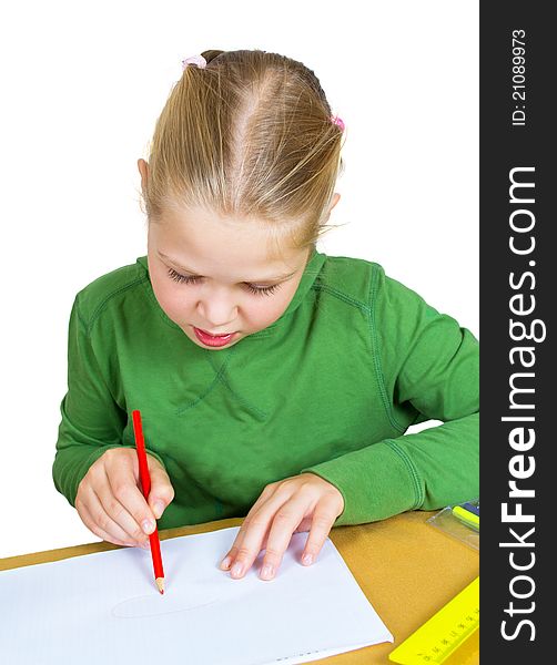 Child draw with colorful pencils, isolated over white