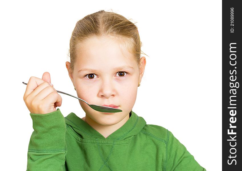 Girl eats isolated on white