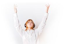 Girl In White Looking Up And Hands-up Overwhite Royalty Free Stock Image Girl In White Looking Up And Hands-up Overwhite Royalty Free Stock Image