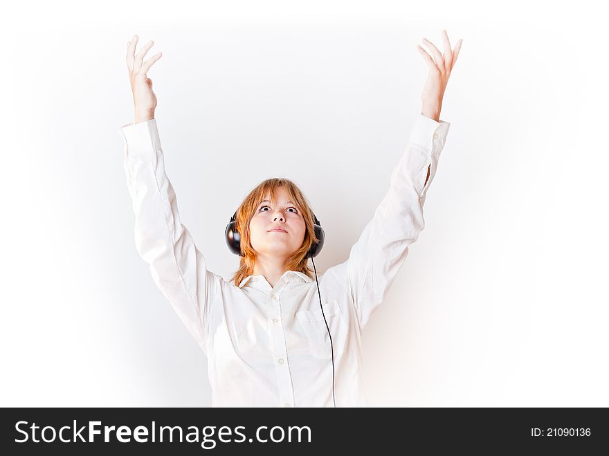 Girl In White Looking Up And Hands-up Overwhite