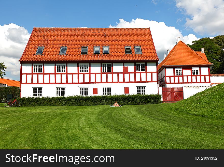 Scandinavian architecture, castle with visible red beams