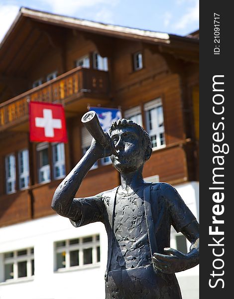 Sculpture of a Trumpeter Boy in Brienz, Switzerland