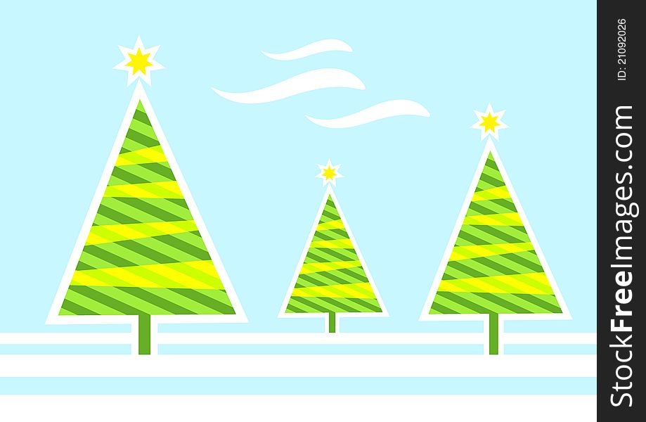 Christmas landscape with three trees