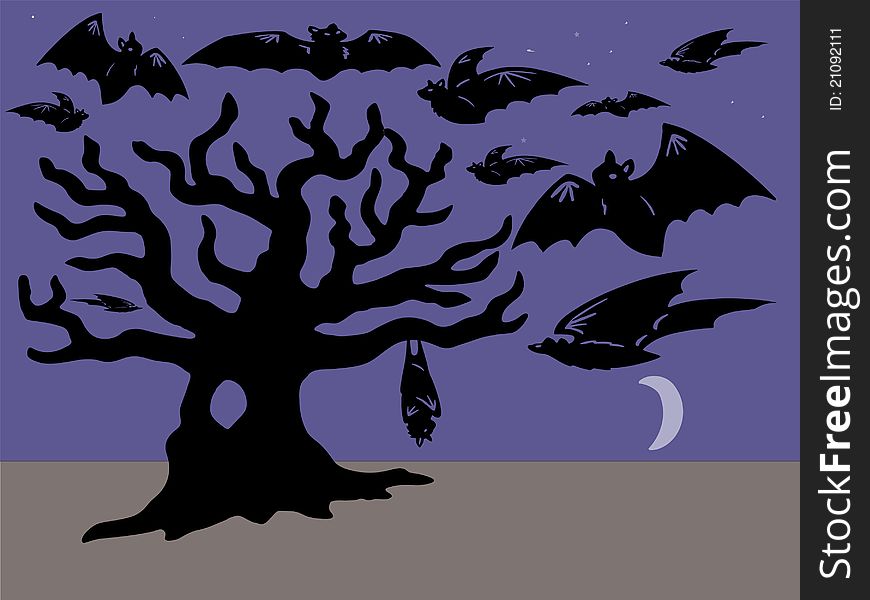 Bats flying and Tree at moonrise. Bats flying and Tree at moonrise