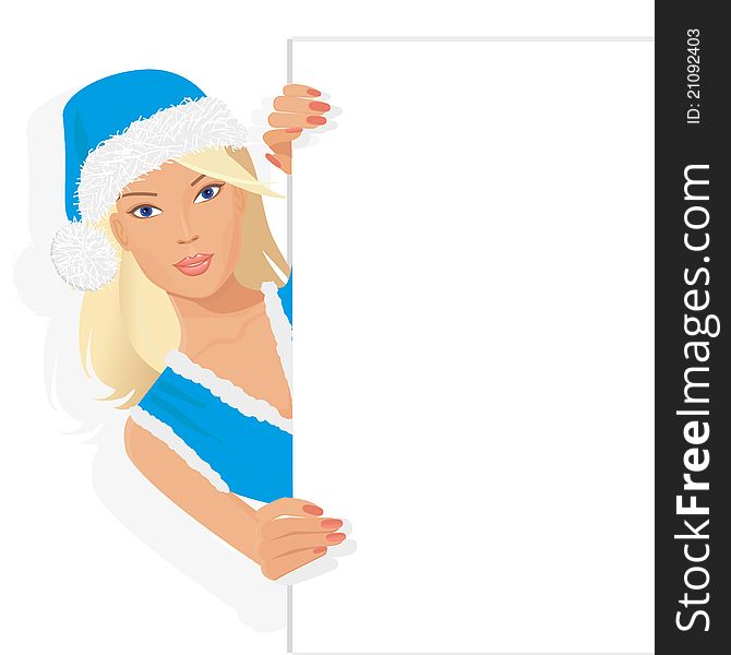 Beautiful santa girl in dress and christmas hat holding a poster for your information and design. Beautiful santa girl in dress and christmas hat holding a poster for your information and design