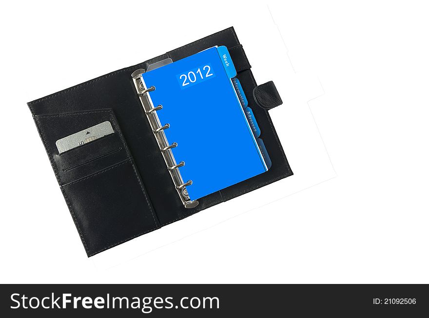 Black leather notebook for 2012 with credit card in a compartment