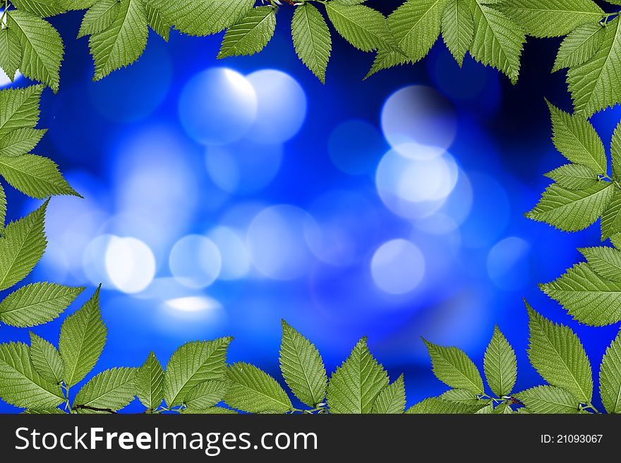 Blue abstract background with green plant frame