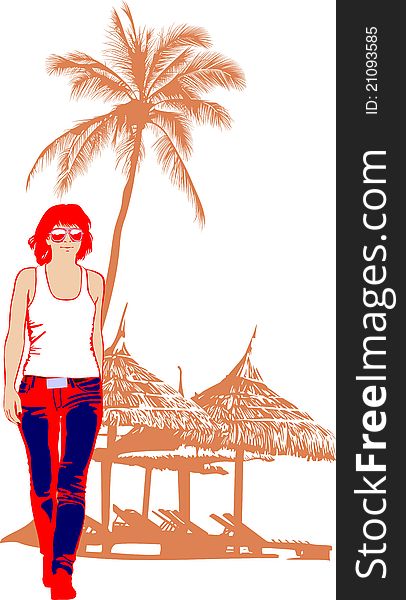 Girl going on background of palm trees and bungalows. Girl going on background of palm trees and bungalows
