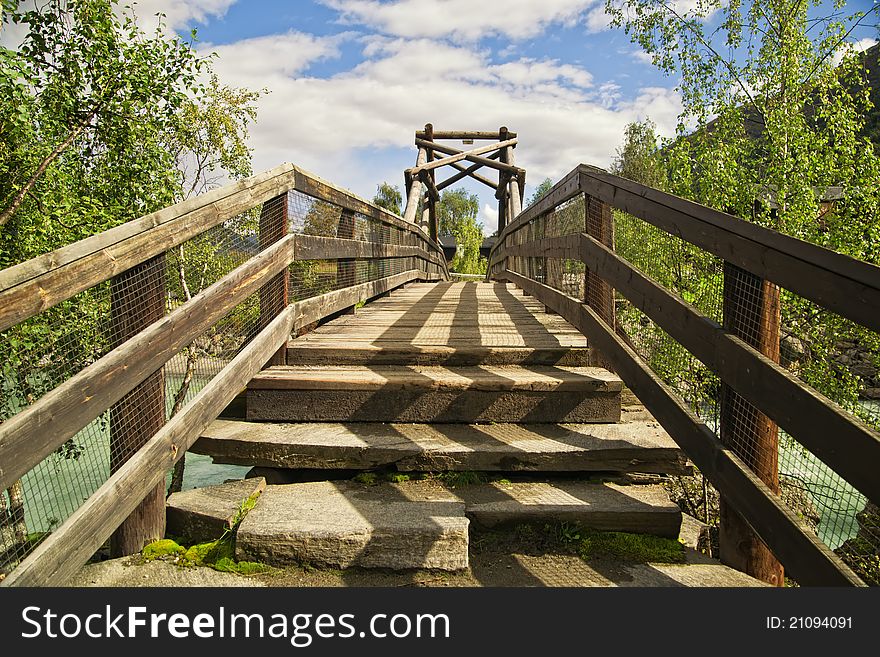 The wooden bridge in the Scandinavian style