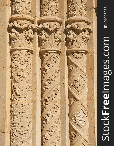 Three Ornate Circular Pillars Made Of Stucco
