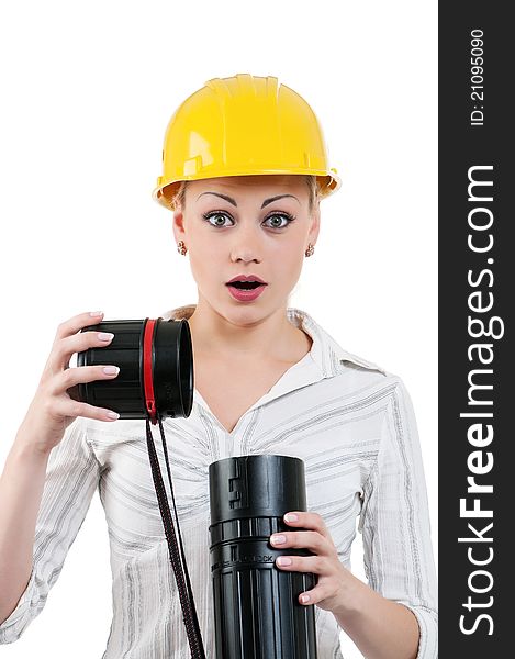 Portrait of attractive architect girl with hard hat - isolated on white background