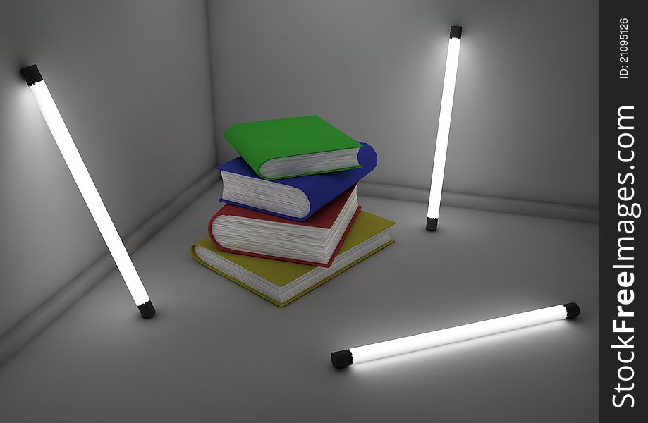 Render of a stack of books in a room. Render of a stack of books in a room