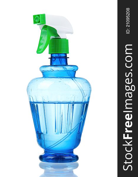 Blue plastic spray bottle on isolated background. Blue plastic spray bottle on isolated background