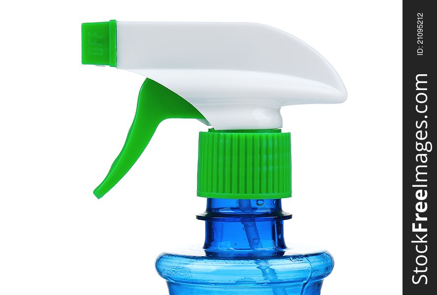 Blue plastic spray bottle on isolated background. Blue plastic spray bottle on isolated background