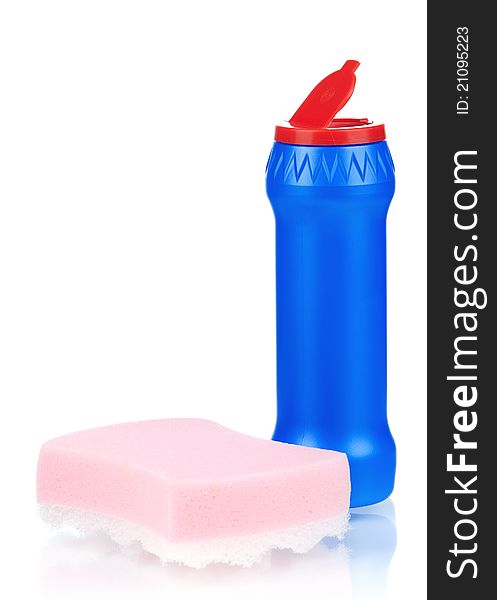 Plastic bottle of cleaning products with sponge isolated on white background. Plastic bottle of cleaning products with sponge isolated on white background
