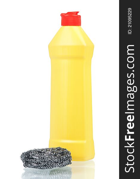 Plastic bottle of cleaning products with metal sponge isolated on white background. Plastic bottle of cleaning products with metal sponge isolated on white background