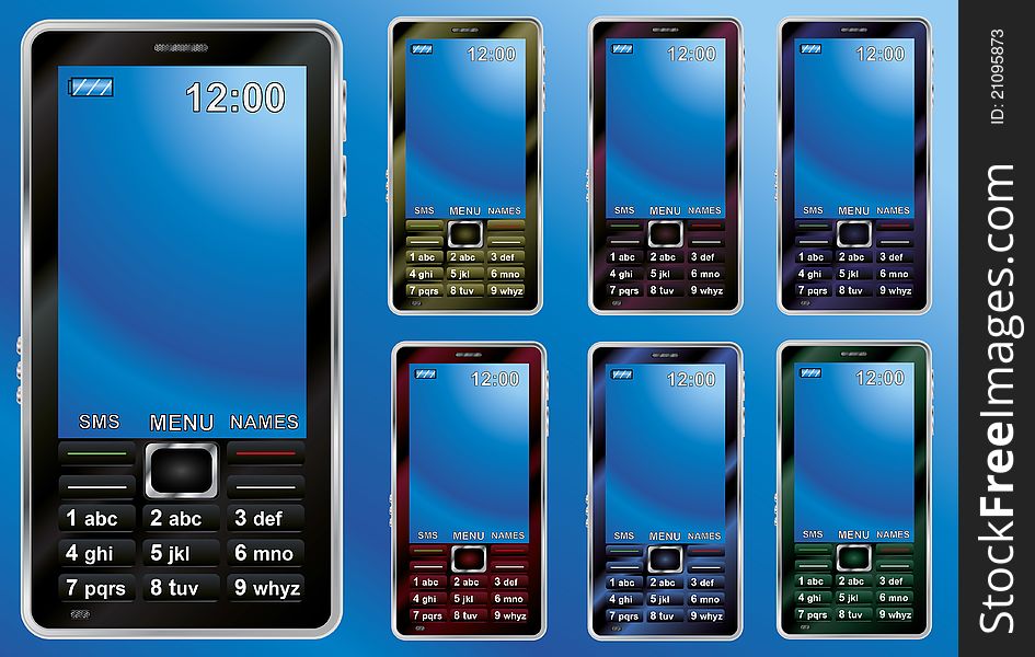 Mobile phones with large screen and buttons on blue background. Mobile phones with large screen and buttons on blue background.