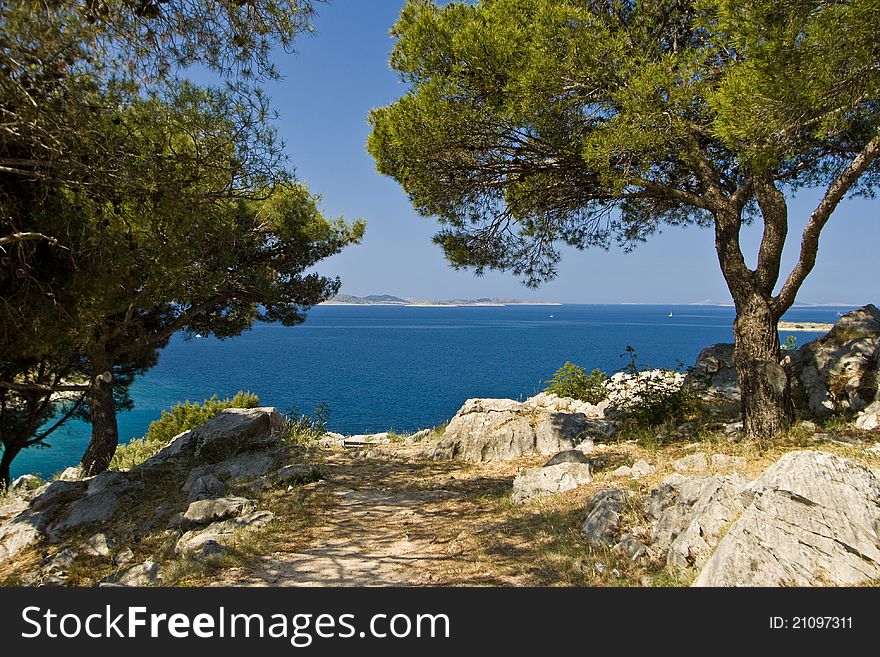 Green pine trees, rocky hill, wide blue sea and the islands. Green pine trees, rocky hill, wide blue sea and the islands